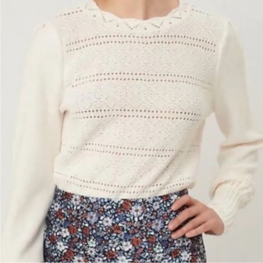 LOFT Cozy Cream Knit scalloped eyelet puff sleeve Pointelle Top XS